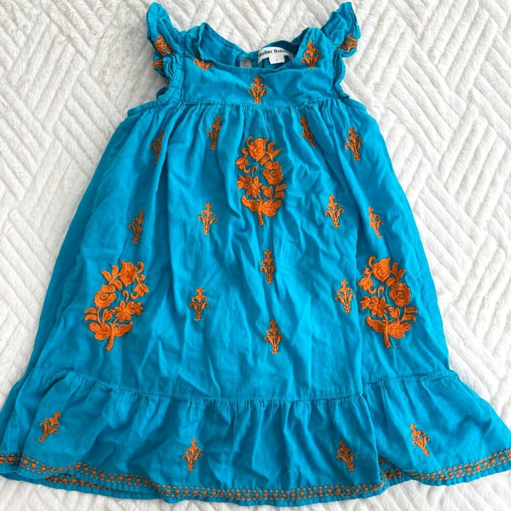 Roller Rabbit Girls 4 Turquoise Orange Embroidered Flutter Sleeve Cotton Dress